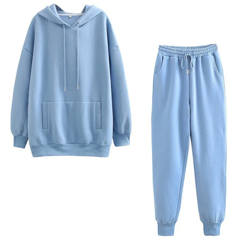 

2 Pcs Set Autumn Fashion Women Tracksuit Hooded Long Sleeves Pockets Hoodies Solid Color Lace Up Pants Streetwear Ladies Suits
