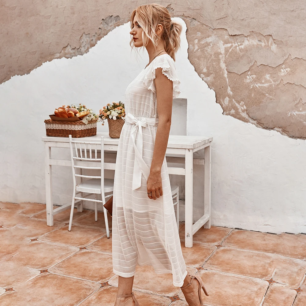 Женское платье с рукавом-бабочкой повседневное однотонное платье-трапеция