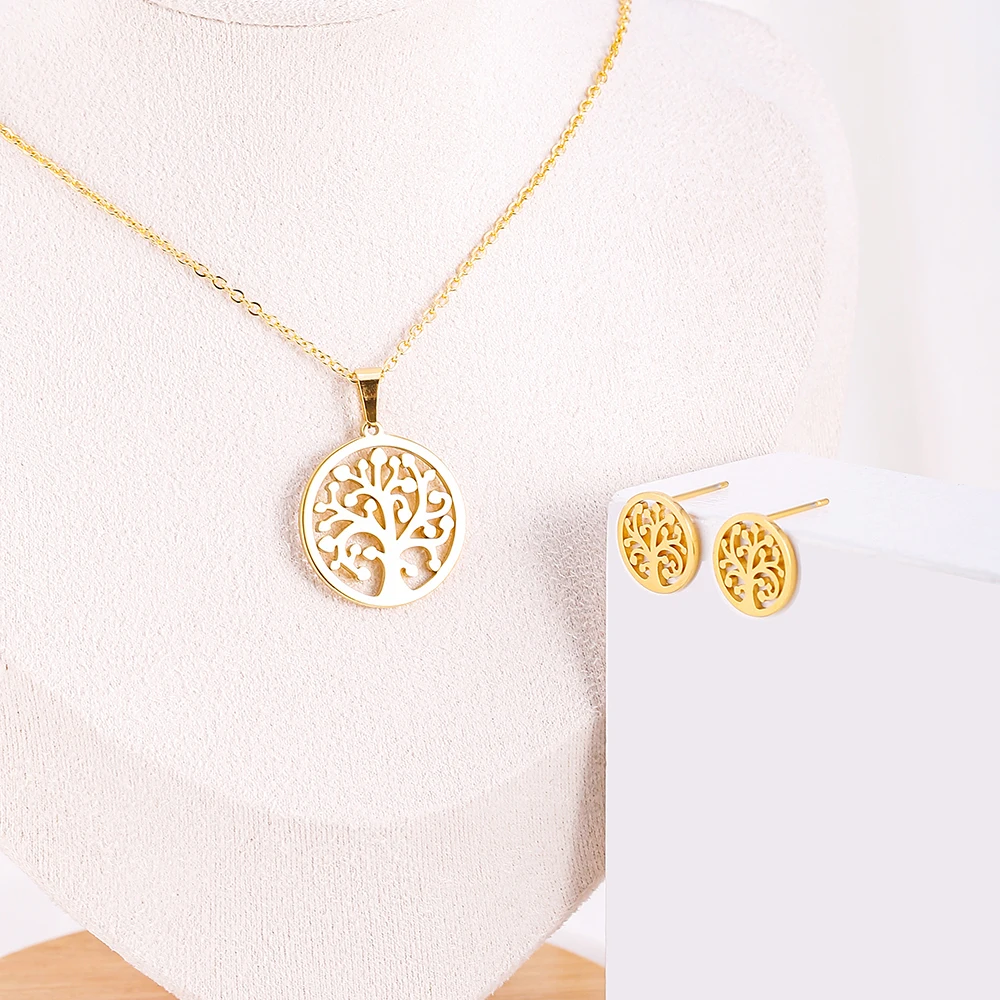 

New Tree Of Life Jewelry Sets for Women Ear Studs With Choker Necklace Adjustable Gold Silverly Jewellery Set Fashion 2021