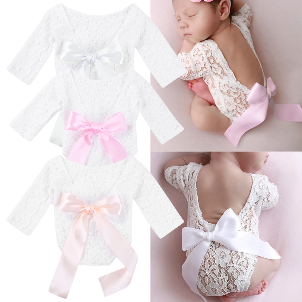 

2pcs/set Newborn Photography Props Baby Girls Lace Rompers Floral Headband Photo Shoot for Infants Lace Princess Costume Outfits