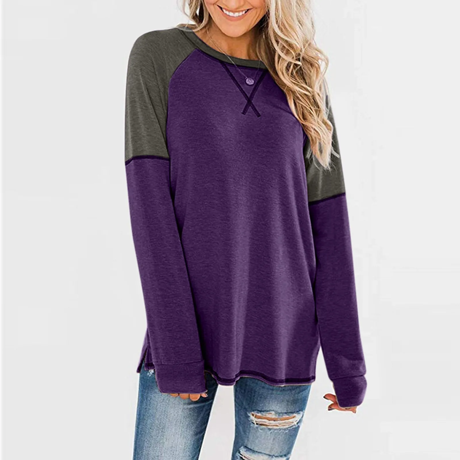 

Женские толстовки, модные Лоскутные Повседневные топы с круглым вырезом швы, одежда в стиле Харадзюку, толстовки, винтажная одежда, Толстов...