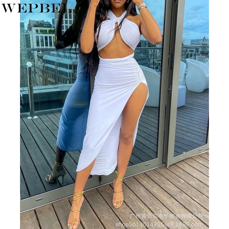 

WEPBEL Women's Sexy Solid Color Slim Skirt Suit Summer Halter Spaghetti Strap Bra + Pleated High Waist Irregular Skirt Suit