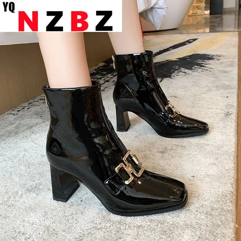 

2022 New Women's High Heel Boots Sexy High Heels Platform Zipper Shoes Women Ankle Boots PU Patent Leather Women Boots Chain
