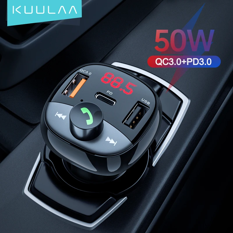 

Автомобильное зарядное устройство KUULAA 50 Вт с функцией быстрой зарядки, FM-передатчик, Bluetooth, автомобильный комплект, аудиоплеер, mp3-плеер, дво...