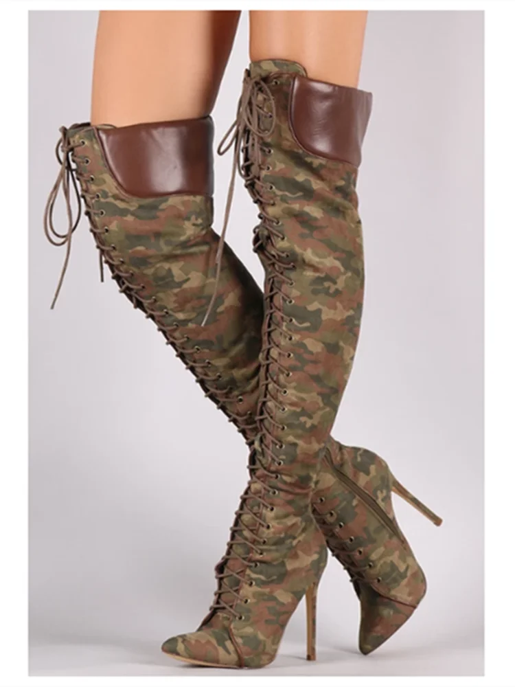 

MKKHOU Over-the-knee Long-tube Women's Boots New Winter Camouflage Pointed Toe Cross-lace Stiletto 12cm High-Heeled Long Boots