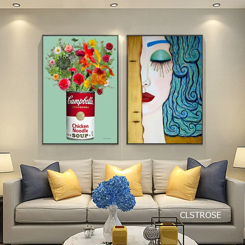 

Cartoon Type Canned Flowers Blue-Haired Girl Wall Painting Posters and Murals In Nordic Style for Living Room and Decoration