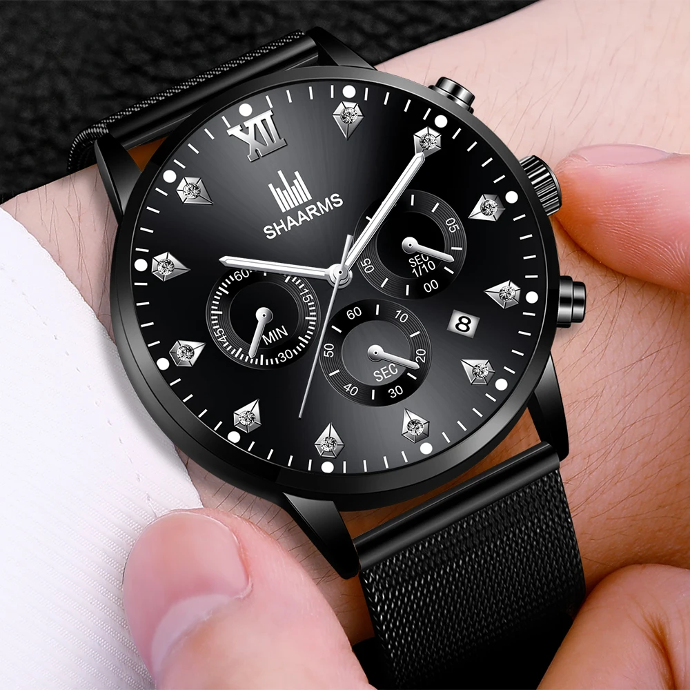 Мужские часы SHAARMS 2020 мужские черные роскошные кварцевые наручные с сетчатым