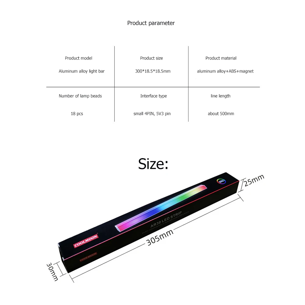

COOLMOON 30cm 5V/3Pin Small 4Pin Light Strip Aluminum Magnetic RGB LED Color Atmosphere Lamp for PC Case Chassis Double-sided