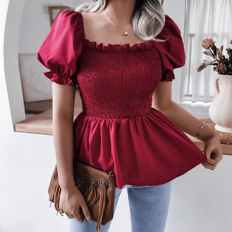 

2021 Summer New Women's Casual Solid Color Lantern Sleeve Hem Ruffle Chiffon Top For Ladies Fashion All Match Blouses