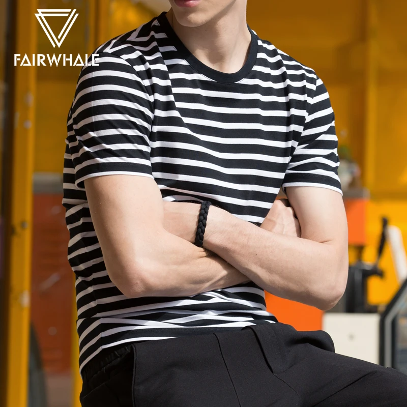 

Fairwhale 2020 летняя новая мужская футболка в полоску 100% хлопковая Футболка с круглым вырезом
