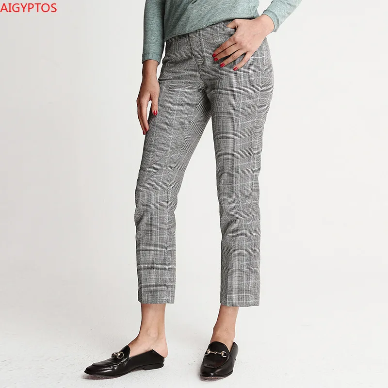AIGYPTOS 2020 new plaid pants silk trousers wool plaid pants temperament simple nine-point pants mid-waist trousers