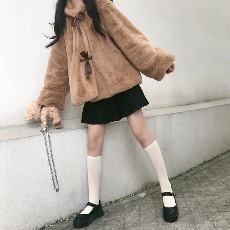 Winter Sweet Jacket Cute Girl Bear Ears Soft Plush Coat Vintage Thicken Long Sleeve Kawaii Jk Lolita Hooded Outweare For Women