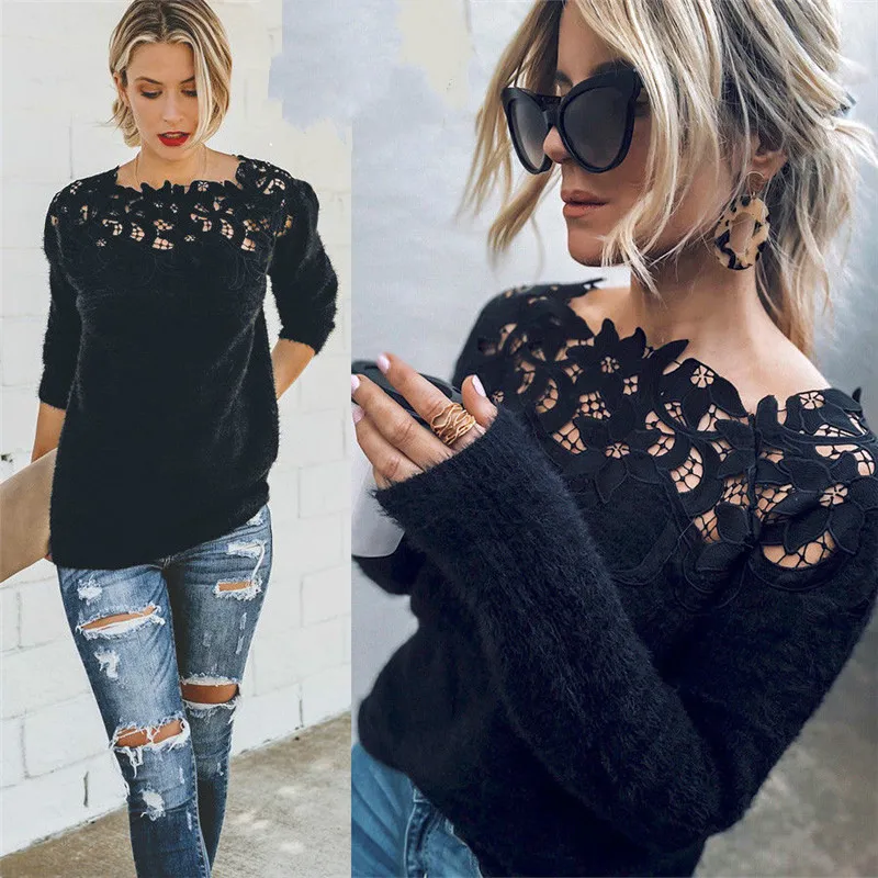 

New Fashion Women's Loose Knitted Pullover Jumper Sweater O Neck Long Sleeve Knitwear Top Lace Floral Collar Winter Streetwear
