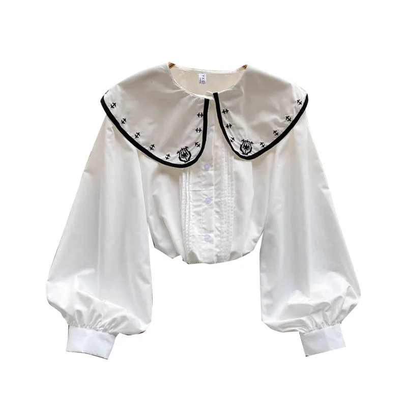 

Early Autumn New Fashion Blouse Female French Embroidery Big Lapel Puff Sleeve Blusa Age-reducing Wild Loose Shirt DK1316