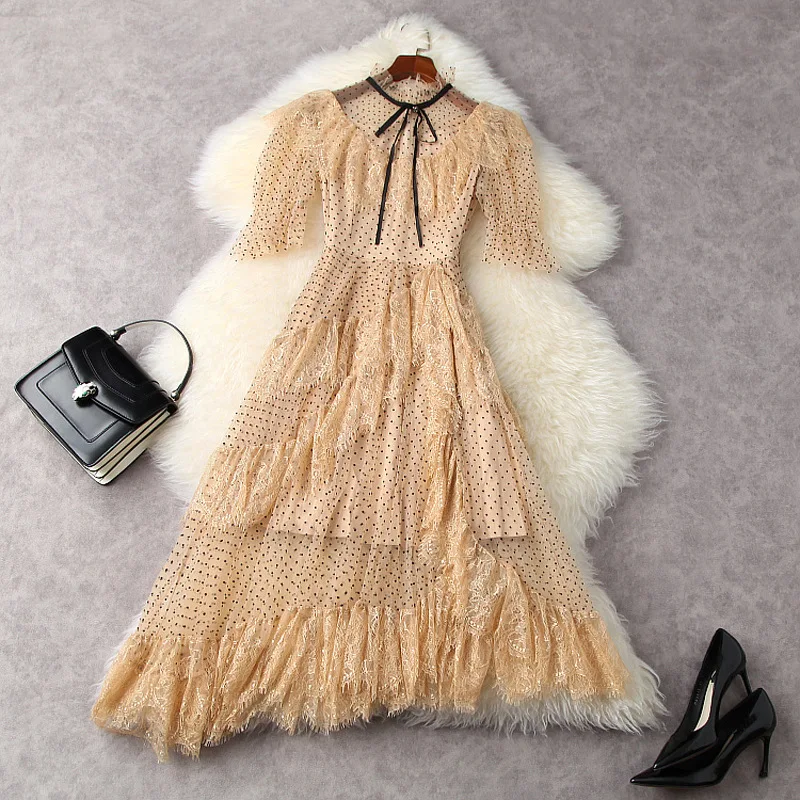 

Spring summer 2021 women polka dots mesh fairycore dress short sleeve bowknot lace ruffles sexy asymmetric dresses pink beige