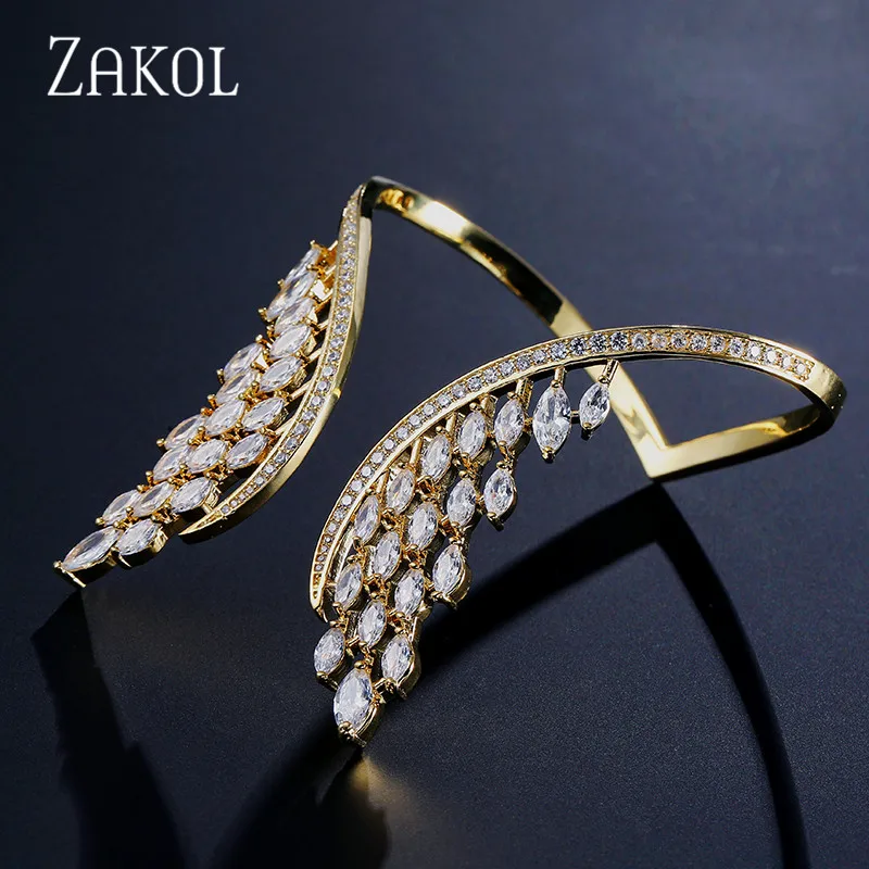 Модный роскошный женский Браслет манжета ZAKOL с фианитом и большим углом наклона