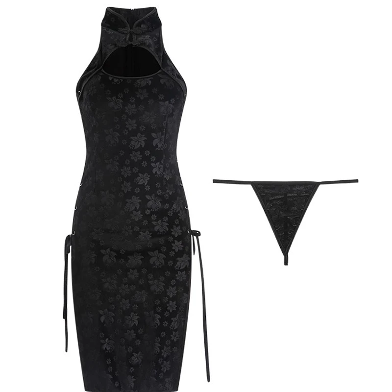 

Sexy Cosplay Erotic Cheongsam Costume Women Nightwear Side Open Babydoll Exotic Apparel Teddy Porno Thong Set Female Intimates