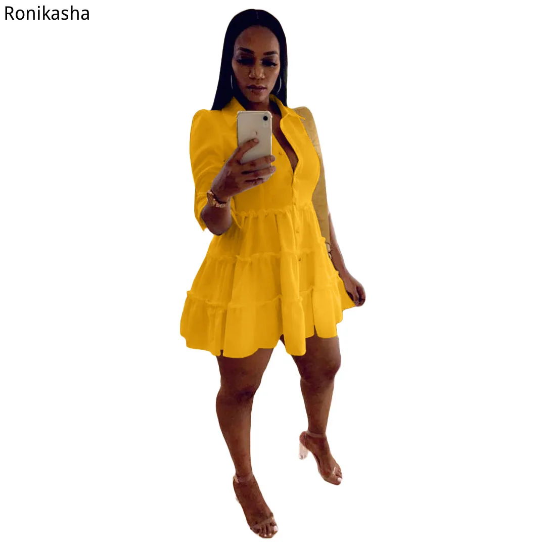 

Ronikasha Women Lovely Solid V Neck Dress Elegant Half Sleeve Single Breasted Casual Loose Streetwear