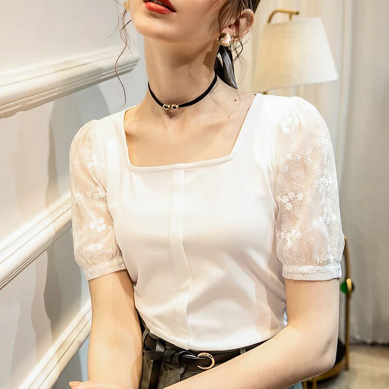 

Lace Square Collar Bottoming Shirt Short-Sleeved T-shirt Female White Fashion Mesh Patchwork Simple Sweet Girl Shirts Summer