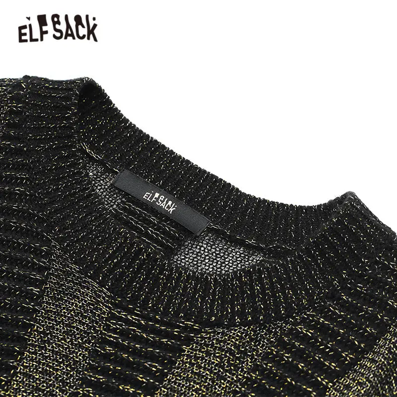 ELFSACK, черный полосатый лоскутный Золотой Шелковый женский пуловер, свитера, осень, модный прямой Повседневный свитер с длинным рукавом