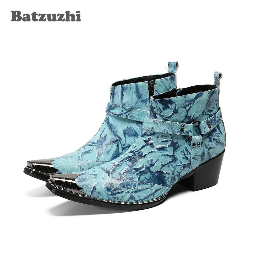 

Batzuzhi Botas Hombre Italy Type Handmade Men's Boots Pointed Iron Toe Leather Ankle Boots Punk Ankle Boots Men Party 6.5cm Heel