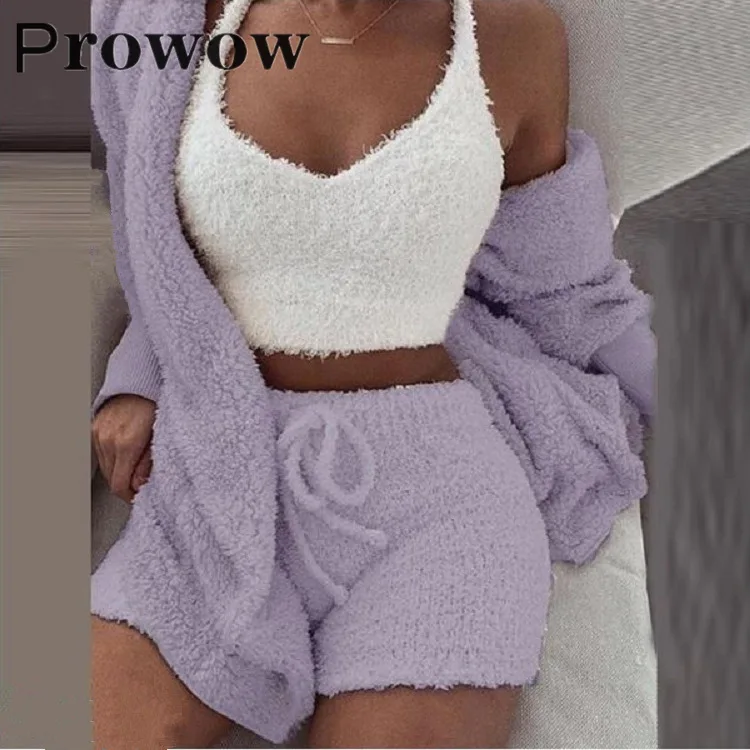 

Prowow Solid Plush Sets Women Winter Homewear Casual 3 Piece Pajama Long Sleeve Navel Vest Shorts Set Female Plus Size Suit 3XL