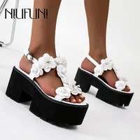 platform high heels flower buckle womens sandals black white open toe simple summer womens shoes casual roman hollow sandals