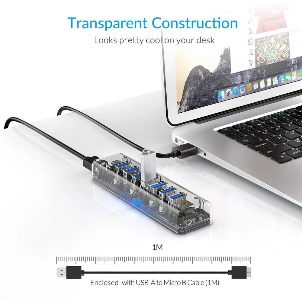 ORICO Прозрачный USB 3,0 концентратор с двойным портом питания 7 портов высокоскоростной портативный USB3.0 сплиттер OTG адаптер для настольного ПК