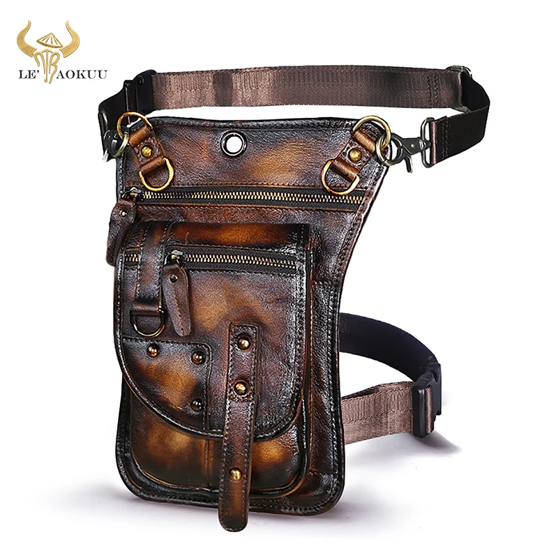 

Natural Leather Men Design Casual 8" Tablet Messenger Sling Bag Multi-function Fashion Travel Waist Belt Pack Leg Drop Bag 2141