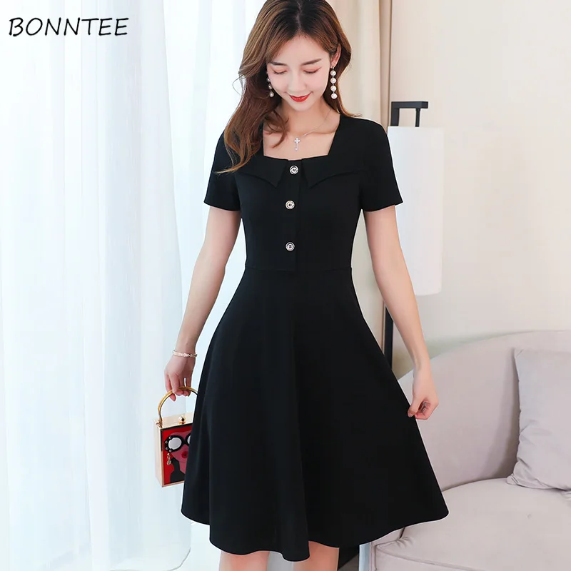 

Dress Women Elegant Solid Daily All Match Korean Style Womens Temperament Button Short Sleeve Square Collar Empire Soft 2020