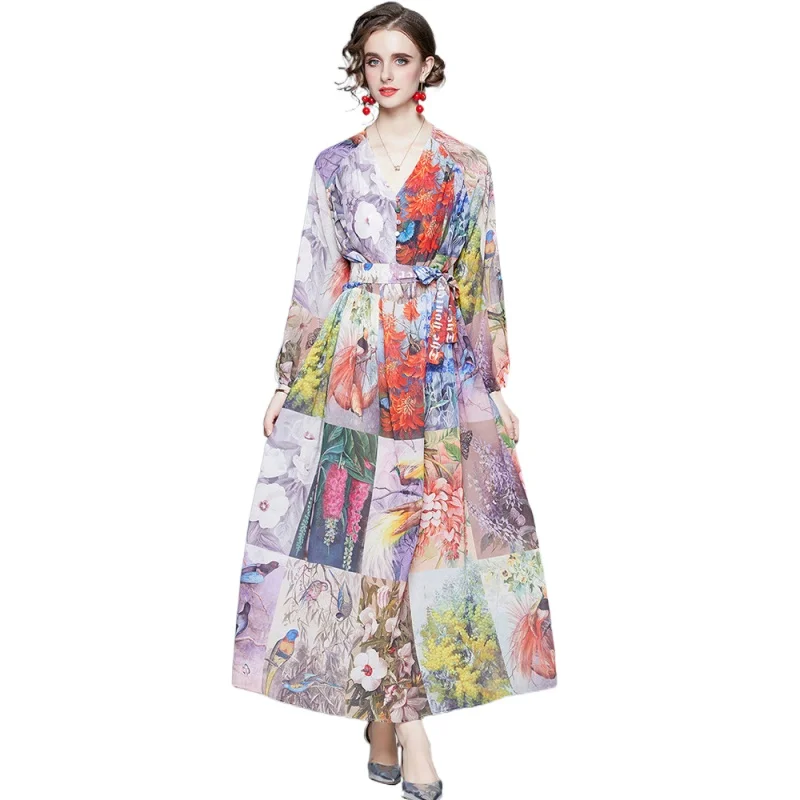 

Simgent Chiffon Dress Long Sleeve Women 2021 Spring Autumn V-Neck Buttons Adjustable Tie Maxi Dress Woman Clothing SG012106