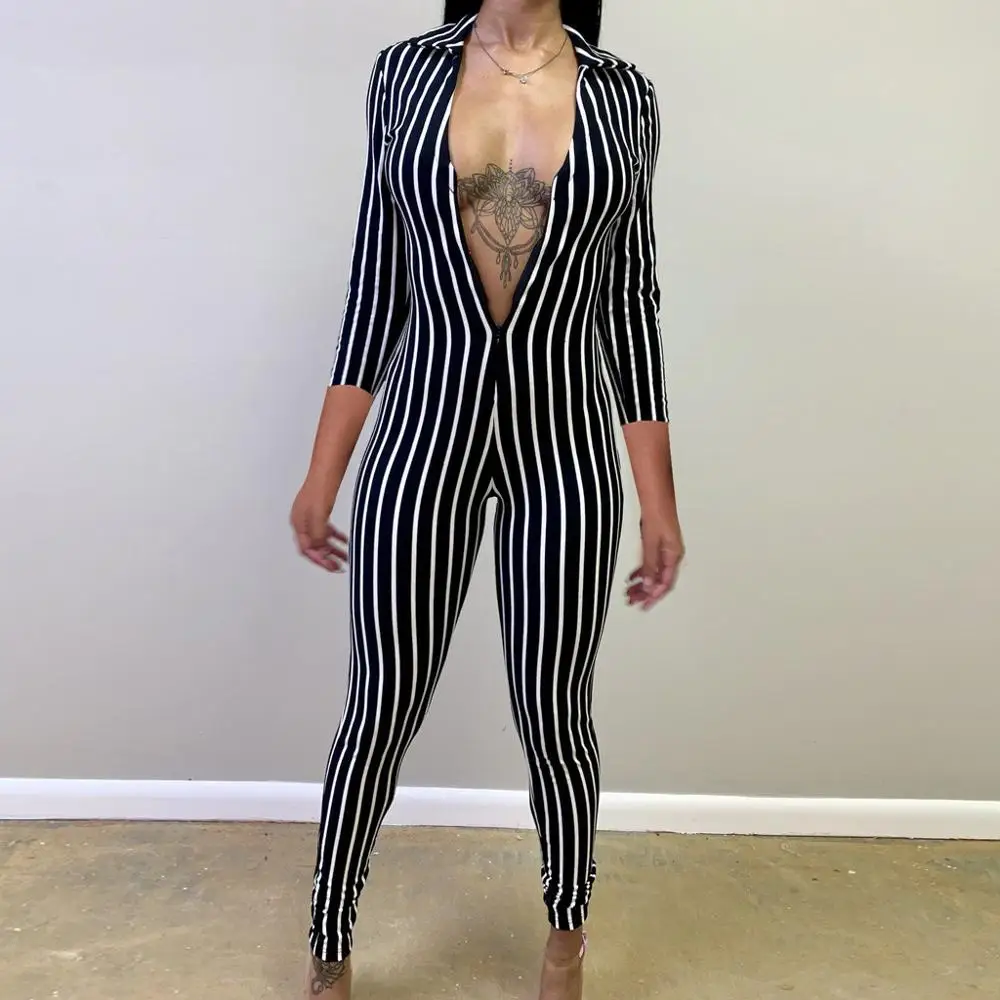 2019 Модные женские длинные рукава с v-образным вырезом в полоску принтом на молнии