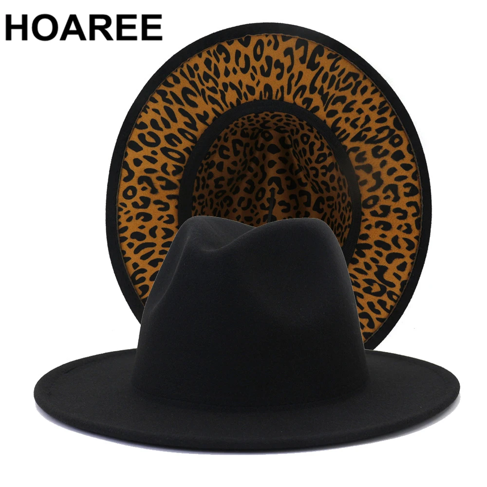 

Leopard Felt Fedora Wide Brim Derby Top Hat Panama Hats for Men Women Artificial Wool Blend Black British Jazz Cap