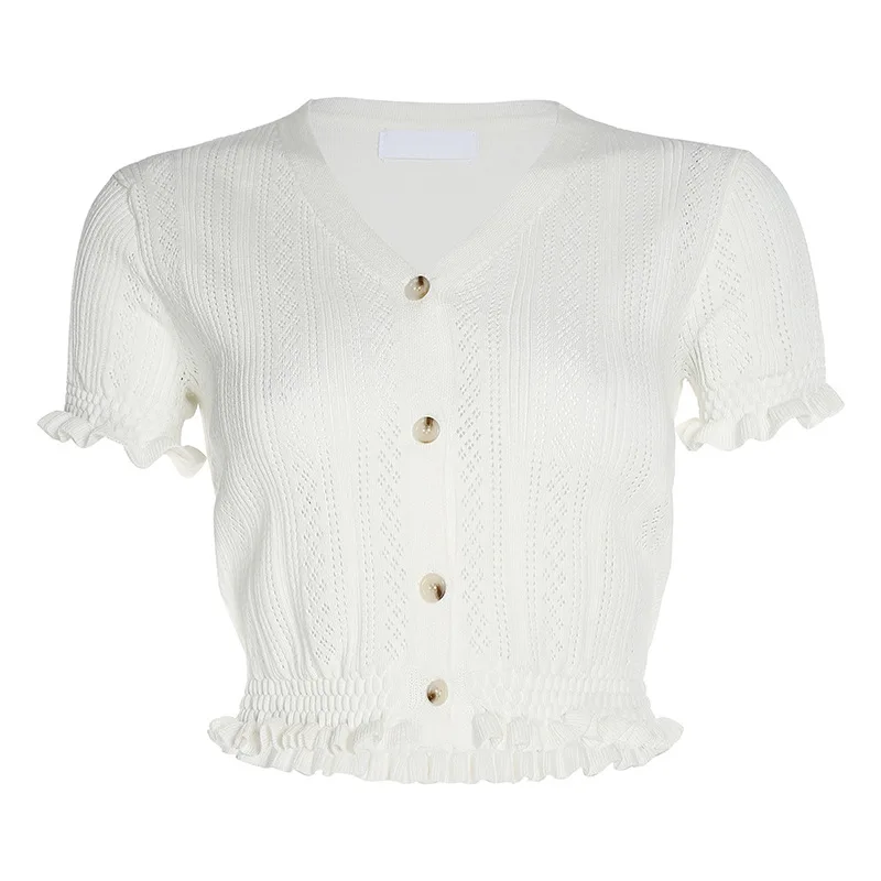 

2021 spring new women's retro solid color agaric lace V-neck short sleeve knitwear women's short cardigan top