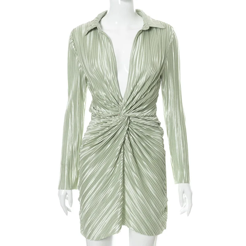 

European and American women's 2021 summer new solid color pleated stitching long-sleeved low-cut collar dress