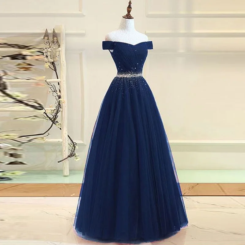 Очаровательные темно синие вечерние платья с бисером 2020 длинное вечернее платье