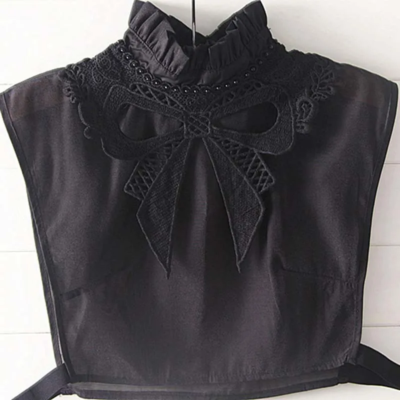 

Vintage Ladies White And Black Lace Bow Pleated Collar Tie Detachable Lapel Shirt Women's Clothing Accessories