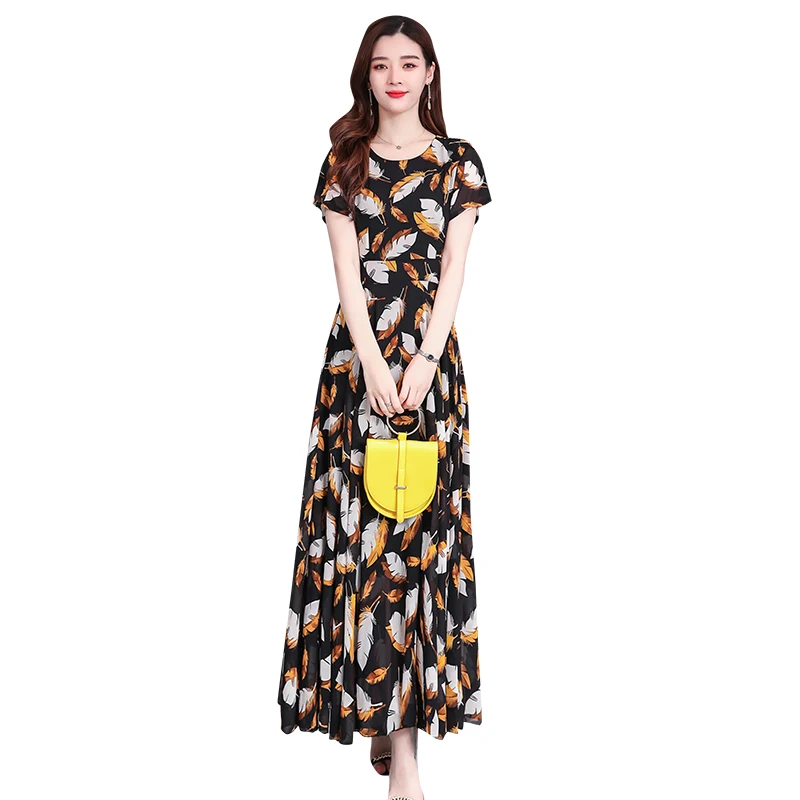 

Summer Maxi Dress Fashion Women Yellow Print Sexy O-neck Thin Chiffon Floral BohoTropical Party Elegant Runway Dresses Vestidos