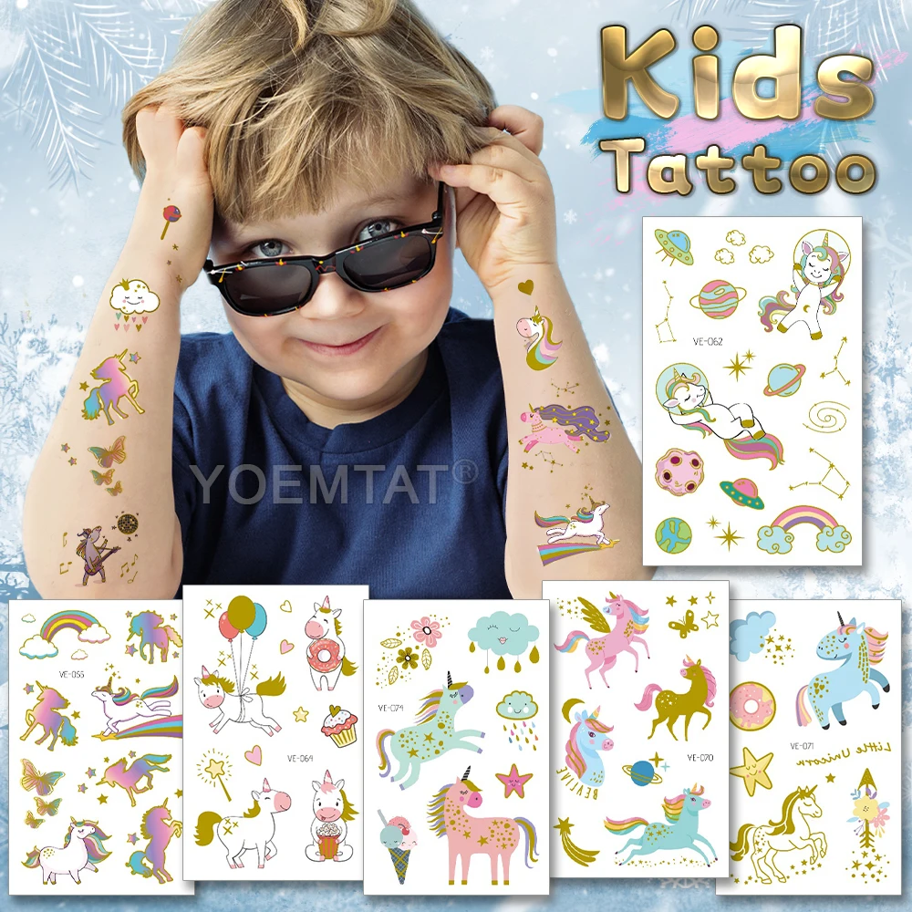 

Unicorn Rainbow Waterproof Temporary Tattoo Sticker Children Gold Metal Flash Tattoo Body Art Face Painting Fake Tattoo