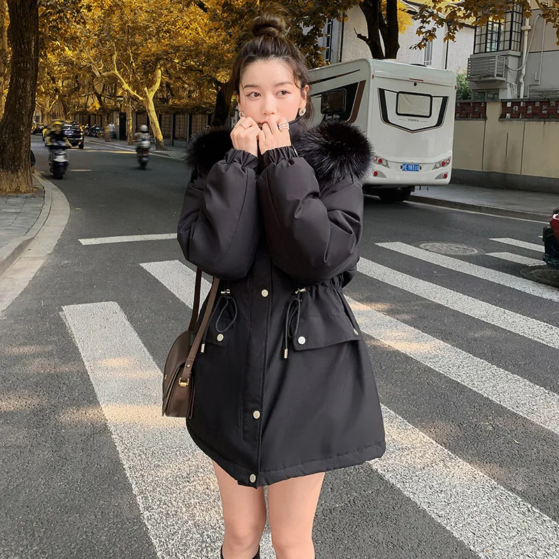 Winter Coat Women Plush 2021 The New Korean Version Draw Back Fashion Big Fur Collar Mid-length Cotton
