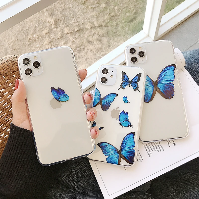 Чехол для телефона LOVECOM Blue Butterfly iPhone 12 Mini 11 Pro Max XR XS 7 8 Plus X прозрачный Ультратонкий