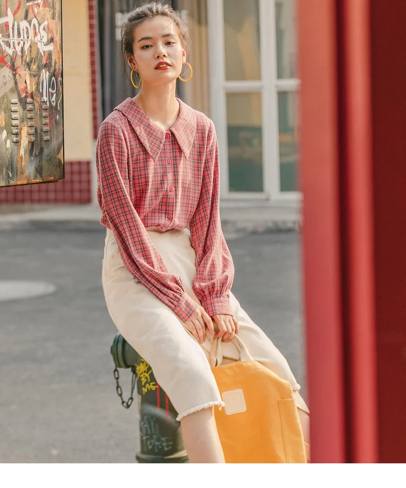 INMAN Winter New Arrival Literary Retro 100%Cotton Doll Collar Plaid Loose Long Sleeve Women Blouse