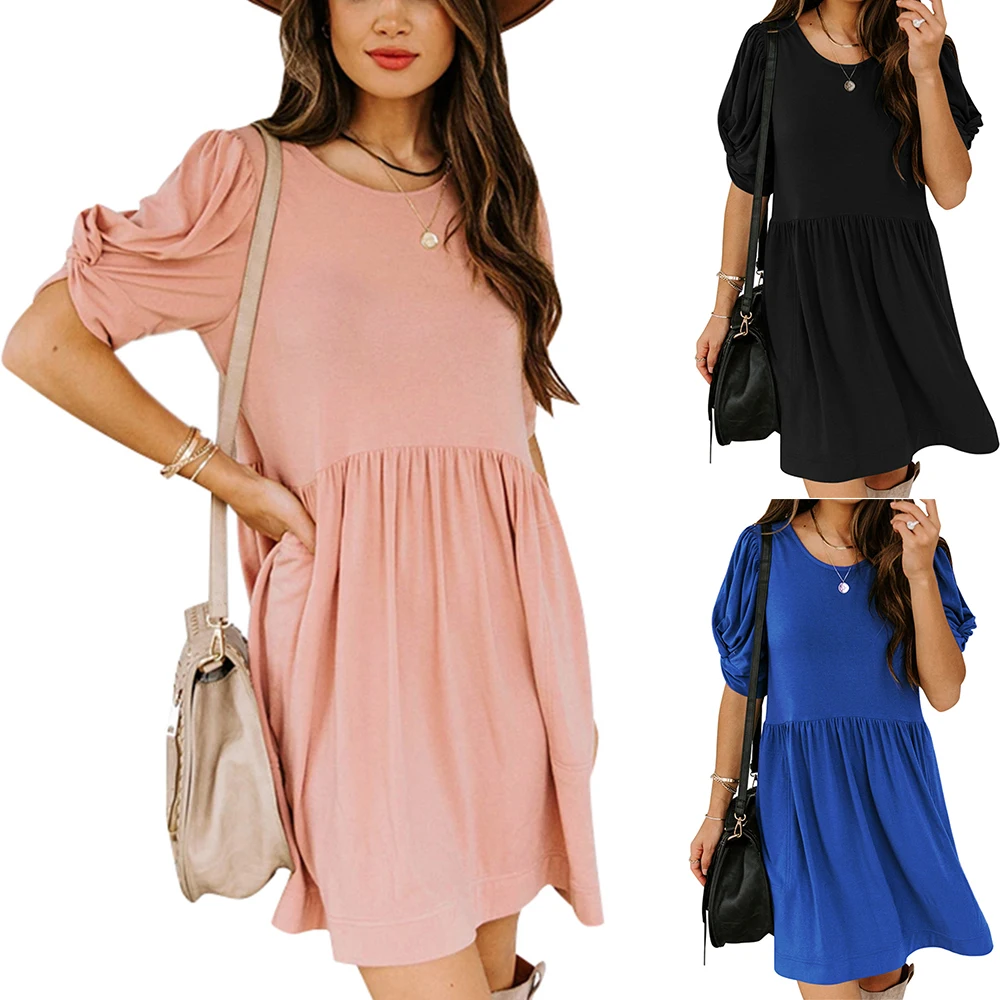

Womens Solid Color O-Neck Puff Sleeve Short Mini Dress Ladies Pleated Summer Casual Elegant Loose Dresses Sundress Vestidos