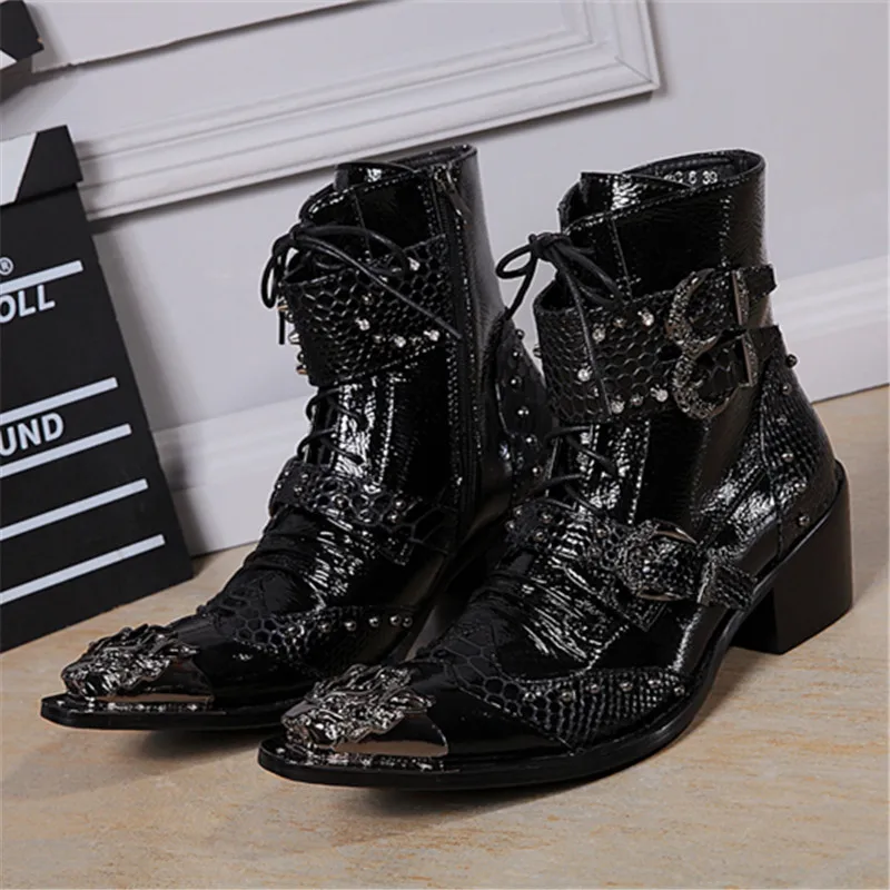 

Мужские ботильоны в стиле панк с металлическим острым носком, мужские военные ковбойские ботинки на шнуровке, ботинки из натуральной кожи н...