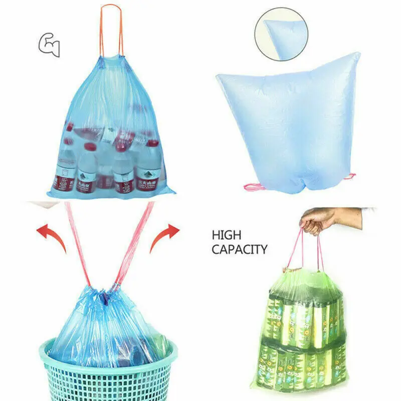 15pcs/roll Kitchen Garbage Bags with Drawstring 60L Bin Handle Bathroom Trash Bag |
