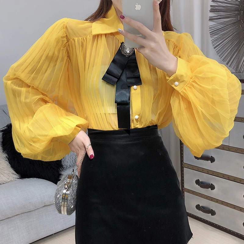 Новинка 2020 женская шифоновая Свободная рубашка с длинными рукавами фонариками