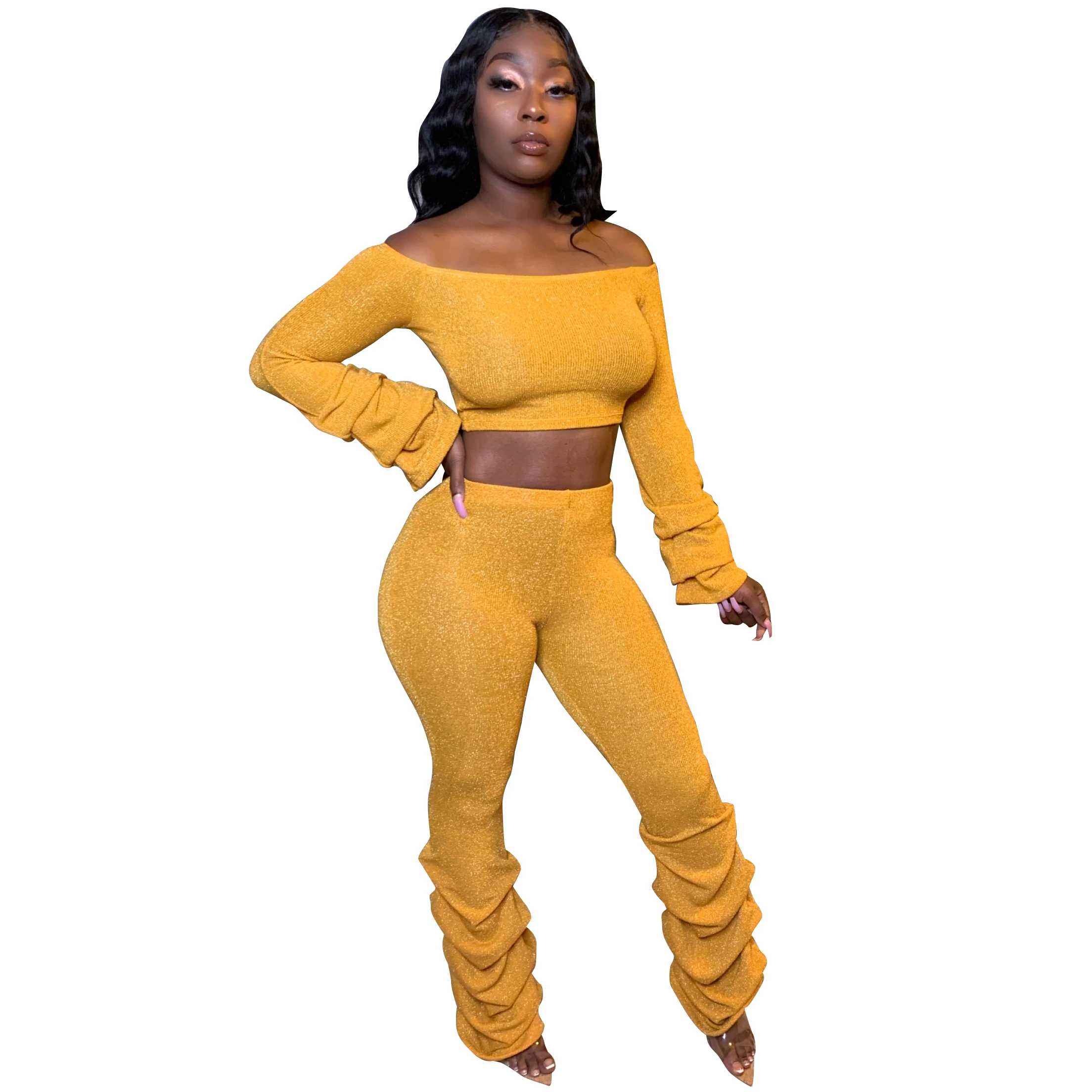 2020 зимние женские комплекты с вырезом лодочкой полный рукав укороченный топ