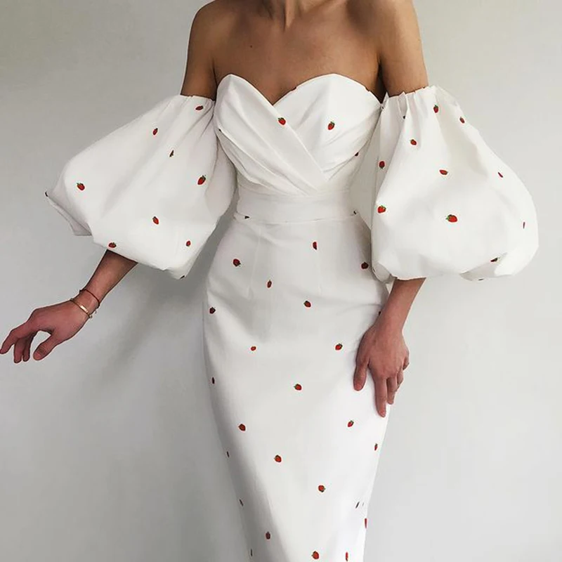 

2022 Summer Female Women Elegant Dress Lantern Sleeve Casual Strawberry Print Sexy Off Shoulder Party Mid Calf Dress