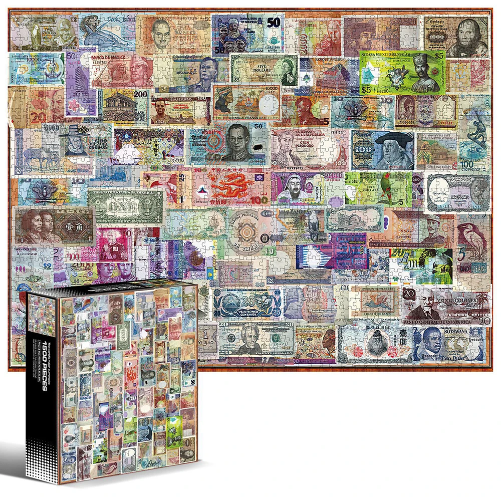 

New 1500 Pieces World Currency Coin Puzzle 60x80cm 1kg Blocks Assembled Unique Shape Paper Irregular 2D Puzzle Painting Jigsaw