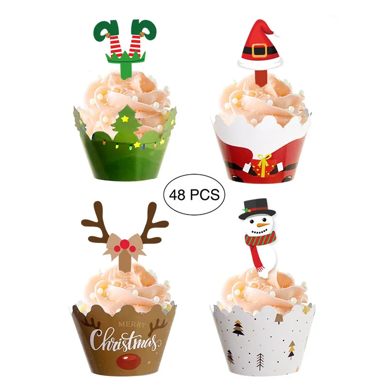 12 or 24pcs/set Christmas Cake Border Snowman deer Cake Topper Cupcake Wrapper